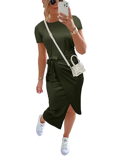 Image of NOLLSOM Women Casual Sleeveless Striped Tank Midi Dresses Halter Neck Ruched Bodycon Dresses Tie Waist T Shirt Summer Dress