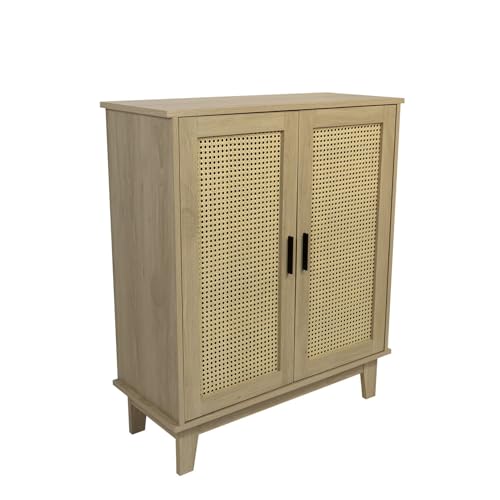 Box and beyond - Buffet - 80 x 34 x 96cm - Cannage, Bois - 2 Portes - Rangement Élégant et Pratique - Salon, Salle à Manger, Cuisine - Style Naturel et...