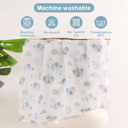 Image of Viviland Muslin Swaddle Blankets, Swaddle Wrap for Boys and Girls, Breathable and Skin-Friendly Baby Receiving Blankets, Baby Essentials, 4-Pack Blue Elephant, 47 x 47 inches