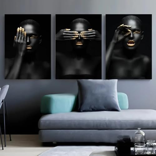 Peinture sur toile femme africaine noir et or 50x70cm tableau scandinave salon
