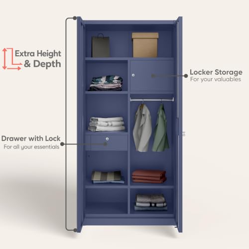 Image of Interio by Godrej Errol 2-Door Steel Almirah with Mirror (Textured Phiroja Blue), 1-Year Warranty, 1 Locker, 1 Drawer, 5 Shelves