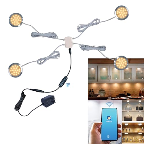 CRISETEK Smart LED Puck Lights with APP Control, Dimmable Cabinet Lighting with Bluetooth, Music Sync and Timer Function, Under Cabinet Lights, DC 12V Adaptor (Silver, Warm White Light, 4Pack)