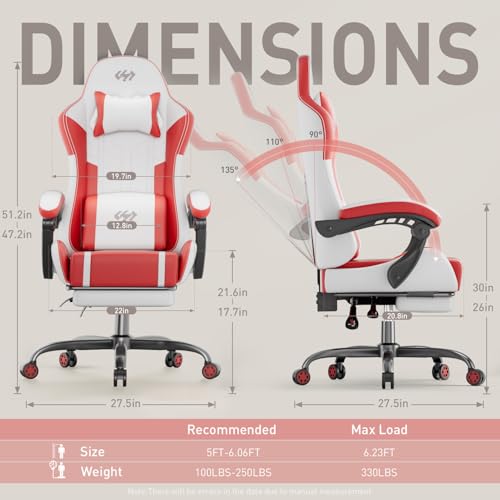 Image of HLDIRECT Gaming Chair, Ergonomic Video Game Seat with 360 Swivel & Lumbar Massage, Computer Chair PU Leather Cushion for Adults Home /Office Use (White & Red)
