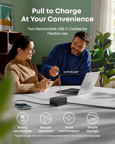 Image of Anker Nano Charging Station, 100W 7-in-1 Power Strip, 2.3ft InstaCord Retractable Cable, Gaming Desk Accessories for Multiple Devices, 3 AC, 3 USB C, 1 USB A, MacBook Charger, Home Office(Non-Battery)