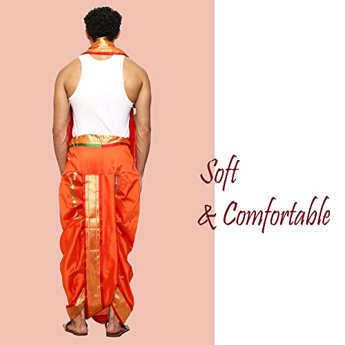 Image of Rameshwaram Fabrics Readymade Dhoti for Men, Velcro Style Stitched Mens Silk Dhoti Pant with Stole Set