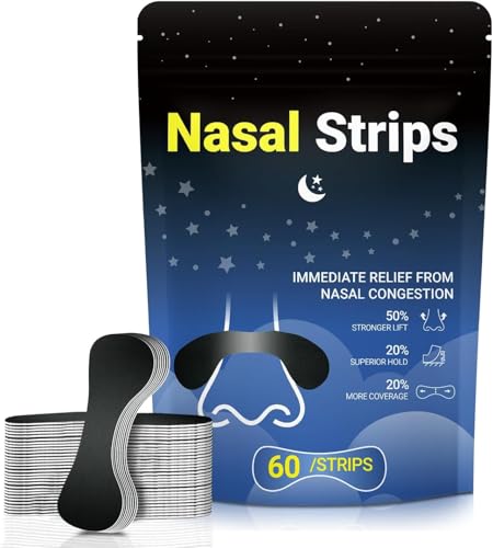 Nasal Strips for Snoring - Extra Strength Nose Strips for Breathing with Strong Adhesion - Sweat Resistant Design for All Day Use - Improves Sleep and Workout Performance - 60 Pcs Black
