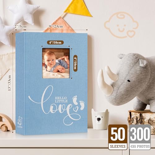 Lanpn Baby Photo Album 6x4 300 Pockets, Linen Hardcover Newborn Memory Book with Memo Writing Area, Bebe Photobook, Slip-in Picture Book, Ultrasound Album Keepsake Gifts for Boy Baby Shower Blue