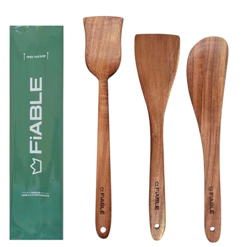 Image of FiABLE Pure Neem Wood Spatula Set for Cooking Dosa, Chapati, paratha and Mixing, No Harmful Polish, Naturally Antimicrobial and Non Stick - Flip & Toss Set of 3