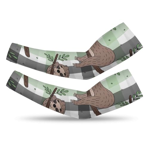 Xmkltbz 1 Pair Cooling Arm Sleeves, Unisex Warmer Spandex Sports Cover Uv Sun Protection for Cycling Golf Running XL Print Doodle Sloth On Tree Branches On Checker Plaid