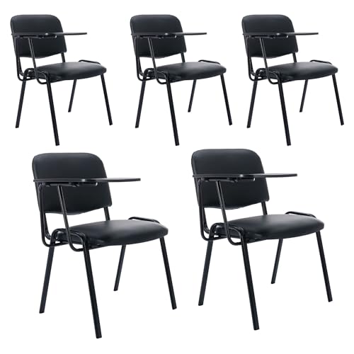 HNY Black Tablet Arm Chairs Set of 5, PU Comfort Office Waiting Room Guest Nesting Stacking Reception Chairs with Flip-Up Table Conference Chairs for School Classroom Training Meeting Room