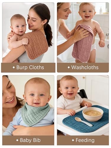 Image of Lovely Care 12 Pack Muslin Burp Cloths 100% Cotton Muslin Cloths Large 20''x10'' Extra Soft and Absorbent Baby Burping Cloth - Rust and Teal Mix