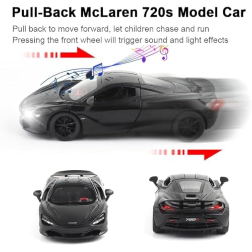 Image of DREAMY DEN McLaren 720S 1:32 Die-Cast Metal Toy Car, Premium Alloy Pull Back Sports Model with Openable Doors, Light & Sound, Miniature Car Gift for Kids & Boys, Colour as Per Stock