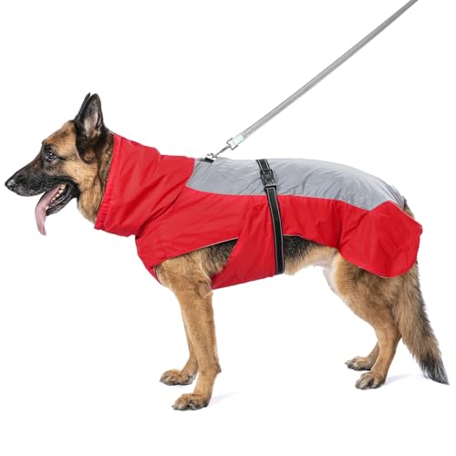 Vecomfy Dog Raincoat with Harness Built in,Outdoor Waterproof Puppy Rain Jacket for Small Dogs,Adjustable Waist by Strap Doggie Rain Coats,Red XS