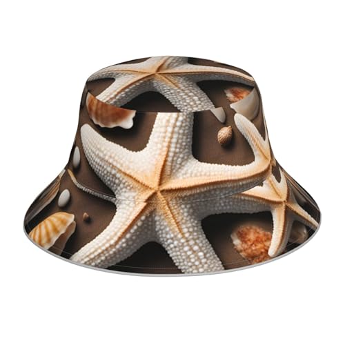 XULLZH Gorra de pescador reflectante de doble cara con estampado de estrellas de mar y conchas para hombres y mujeres, para exteriores, playa, viajes, verano, negro, talla única, Negro, talla única