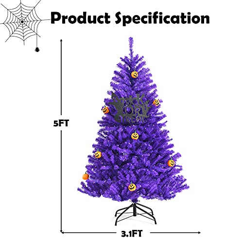 Goplus 5Ft Artificial Purple Christmas Tree, Pre-Lit Halloween Tree W/ 280 Orange Led Lights & Pumpkin Ornaments, Hinged Xmas Tree For Indoor Holiday Festival Use #TOP6