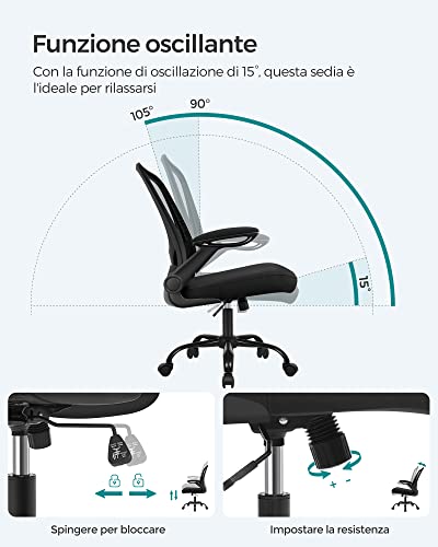 Sedia da Ufficio Girevole, Sedia di Rete da Computer Ergonomica, Supporto Lombare, Oscillante, Seduta 53 cm, Braccioli Pieghevoli, Nero OBN37BK - Sedia gaming - Immagine 8