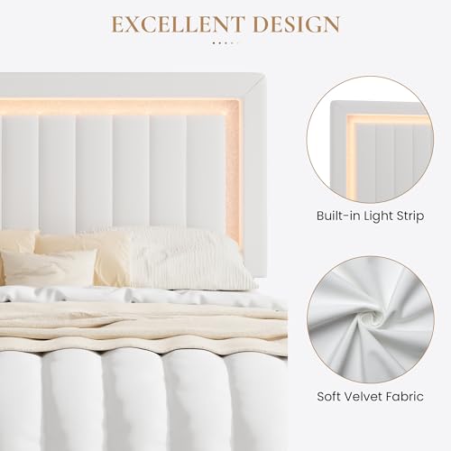 SHA CERLIN Full Size Velvet Bed Frame with LED Light, White - Image 5