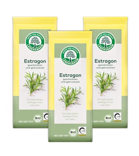 LEBENSBAUM 3 x Estragon, geschnitten & getrocknet, Bio Gewürz, Kräuter-Gewürz für helle Soßen, Geflügel & Fisch, vegan, 3 x 15g