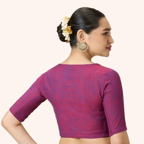 Image of Studio Shringaar Women's Handloom Cotton Side Stretchable (Smocked) Readymade Saree Blouse with Crochet Neckline