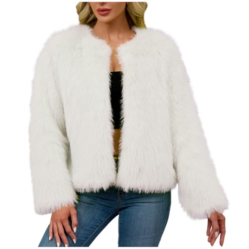 Oplxuo Women's Faux Fur Coat Fluffy Faux Fur Jacket Long Sleeve Collarless Furry Winter Jackets Shaggy Parka Short Coat