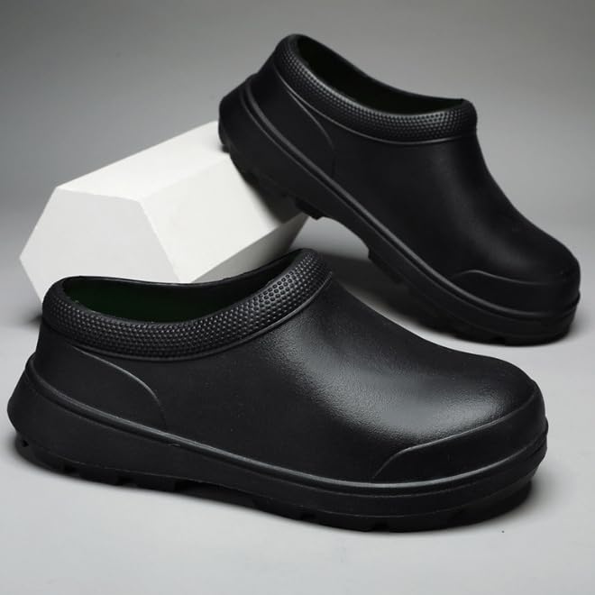 Chef Shoes for Men - Non Slip Oil Resistant Waterproof Safety Work Shoes Comfortable Nursing Nurse Shoes for Gardener Men Women Indoor and Outdoor Chef Clogs for Kitchen Office Seaside (Black,7)