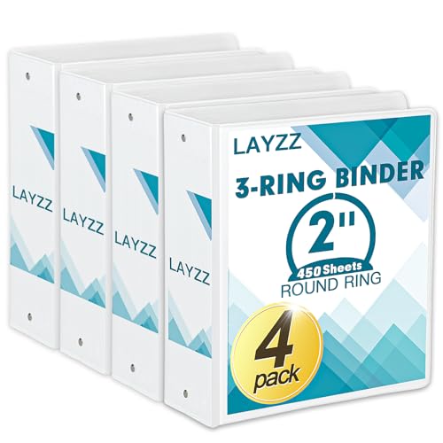 3 Ring Binder, LAYZZ 4 Pack 2 Inch Binders 3 Ring with 2...