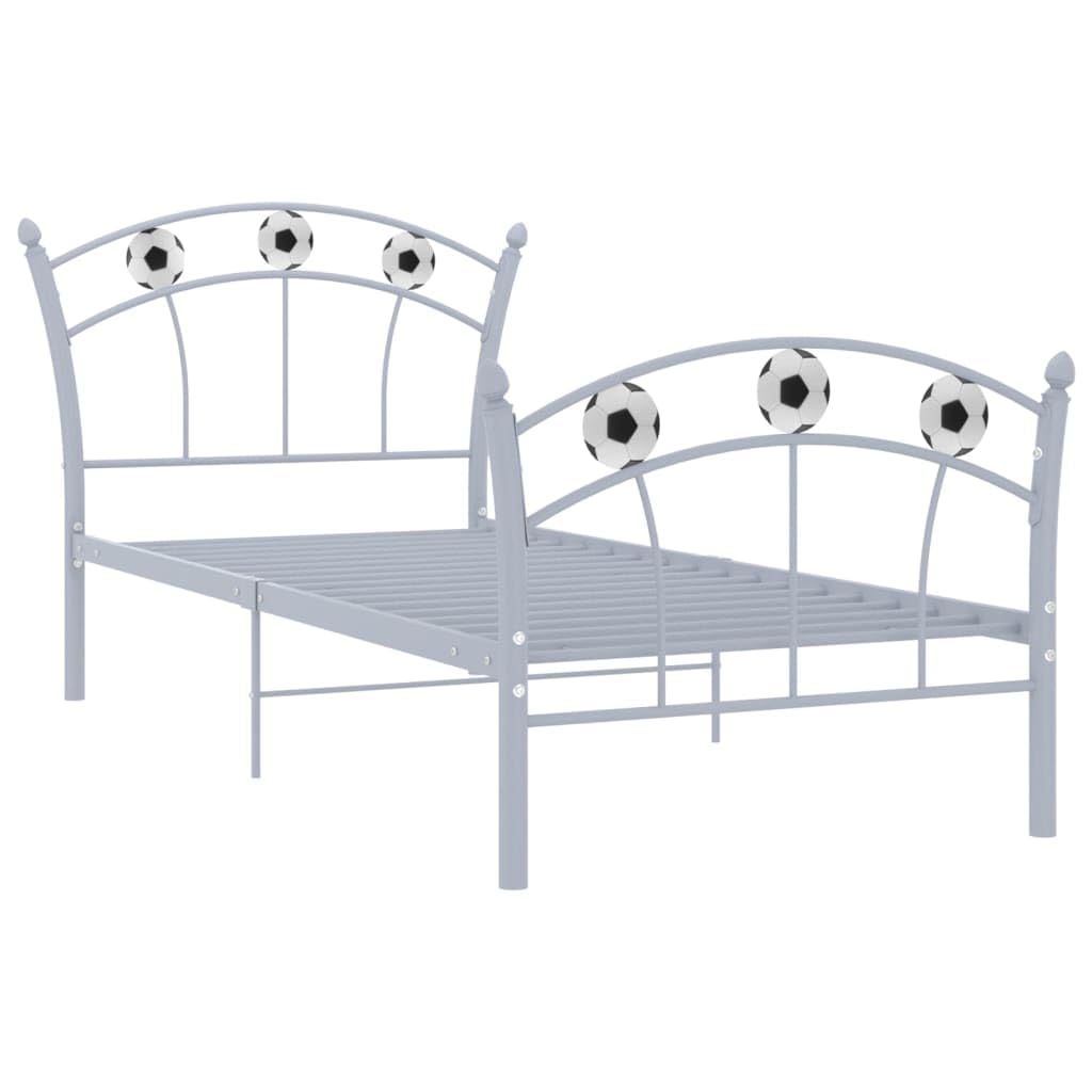 Kinderbett 90x200 cm aus Metall - Einzelbett im Fußball-Design mit Lattenrost, Stabiles Jugendbett für Jungen & Mädchen, Graues Metallbett für das Kinderzimmer, 207,6x95,8x101 cm