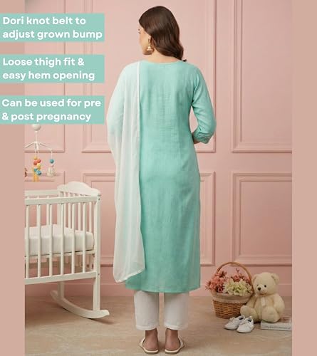 Image of DUMMY SHAPE Feeding Kurta Set for Women Cotton Blend | Floral Embroidered Pregnancy Kurta Pant Dupatta with Nursing Zippers | Pre & Post Partum | Maternity Dresses | Mom to Be Gifts