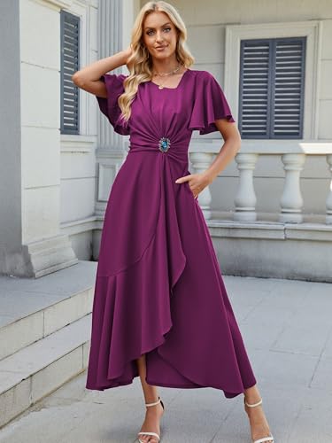 Image of QMZ Wedding Guest Dresses for Women V Neck Cocktail Dress Ruffle Sleeve A Line Evening Party Formal Dresses for Women