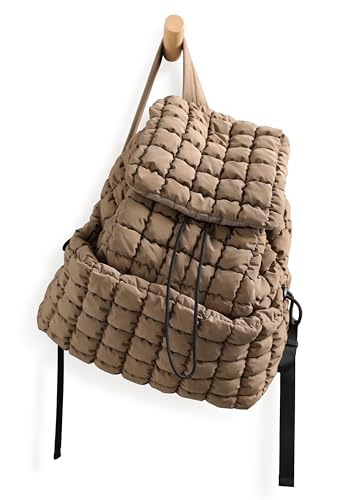 Image of ODODOS Quilted Backpack for Women Lightweight Puffer Hiker Pack Drawstring Padding Travel Gym Bag, Khaki Brown
