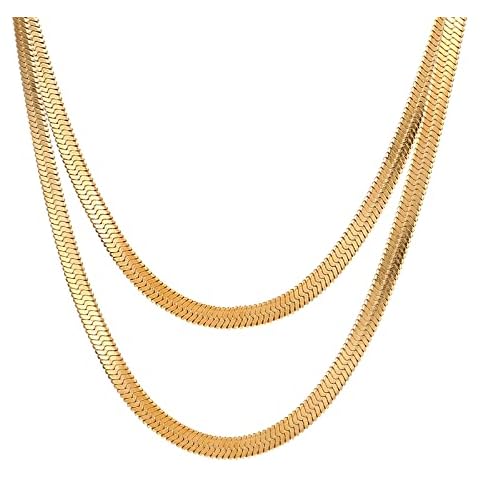 DoreenBow 18k Gold Plated Herringbone Necklace for Women Dainty Double Layered Snake Chain Necklace Gold Choker Necklaces for Women Chunky Chain Necklace, Gold Plated, No Gemstone Cover