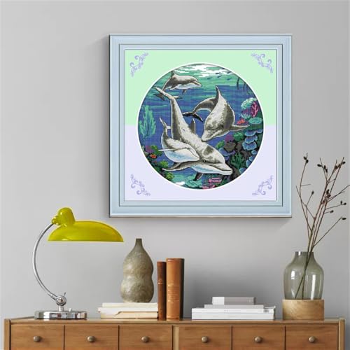 Image of JOYSEWING Dolphin Stamped Kits Cross Stitch for Adults 11CT Fabric Infauna Embroidery Kits for Beginners DIY Gift Ocean Patterns Home Decor (Classical Dolphin(Printed) 17.72 x17.72 inch)