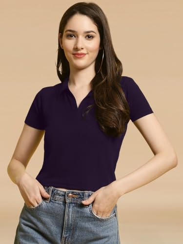 Image of Pinkmint Women's Solid Cotton Collar Neck Top ll Lycra Crop Tank T-Shirt ll Korean Trendy Half Sleeve ll Stylish Collared T-Shirt (Pack of 1)