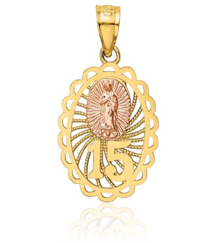IceCarats 14K Solid Two Tone Gold Anos Quinceanera Sweet 15 Years Old Birthday Our Lady of Guadalupe Virgin Mary Necklace Virgencita Maria Rosa Pendant Catholic Christian Holy Mother Medallion Charm3