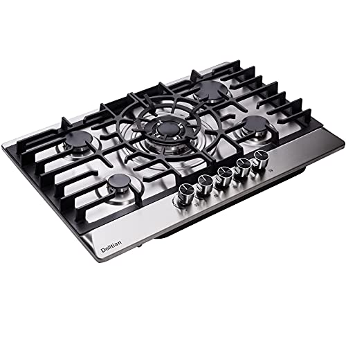 30 Inch Gas Cooktop DT5708 Stainless Steel 5 Burner Gas Cooktop LPG/NG Convertible Gas Stovetop Thermocouple Protection Gas Cooktop
