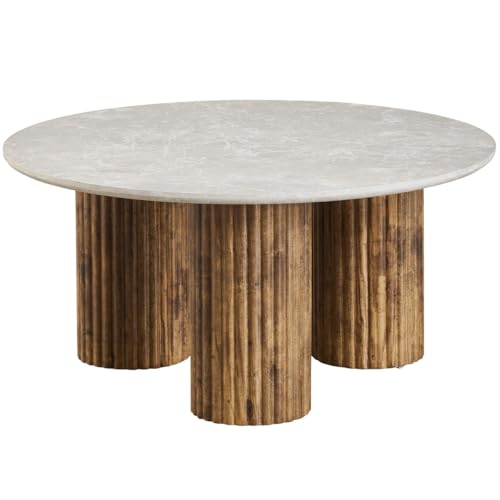 HOMIFAB Table Basse Ronde Effet marbre Blanc et Bois Ø 80 cm - Stone