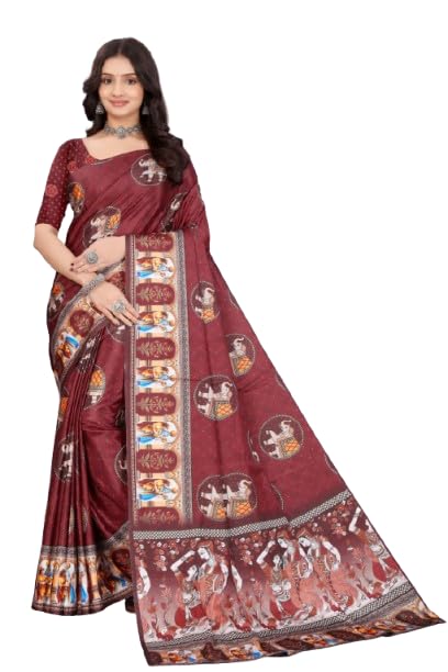 Women Maroon Printed Saree with Unstitched Blouse Piece | Traditional Designer Saree for Festivals, Wedding, Party & Ethnic Wear A03-image-38