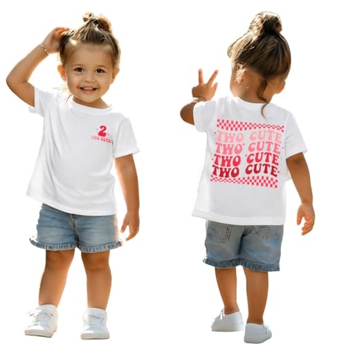 2. Geburtstag Mädchen Tshirt Two Cute Drucker T-Shirt Zweiter Geburtstags Shirt 2 Jahre Kinderkleidung Geburtstagsfeier Outfits Sommer Kurzarm Top Niedlich Rundhals Shirts(2 Jahre Weiß-1)