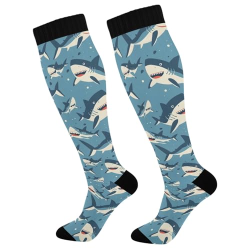MFTJYO Cute Sharks Blue Women's Compression Socks for Women Men Knee High Socks Long Circulation for Athletic Running