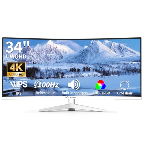 CRUA 34' Écran Gaming 100Hz WQHD Blanc - Moniteur PC Incurvé IPS, HDR10, FreeSync, 130% SRGB,21:9 UltraWide, 3800R, Hauts-Parleurs,VESA