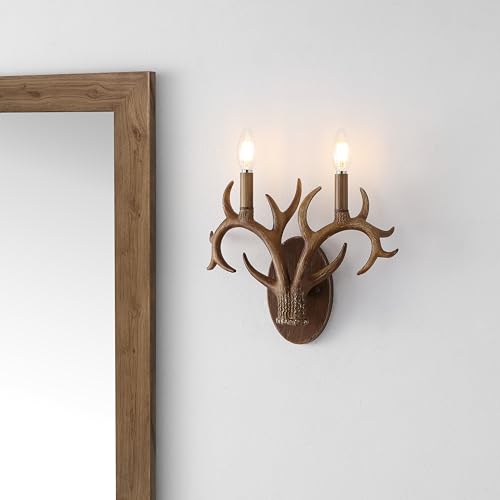 Image of JONATHAN Y 13.25 inch Brown Wood Finish Faux Antler LED Vanity Light Set of 2, Rustic Wall Sconces for Bathroom Mirror Hallway, Southwestern Farmhouse Decor, LED Bulbs Included (JYL6308A)