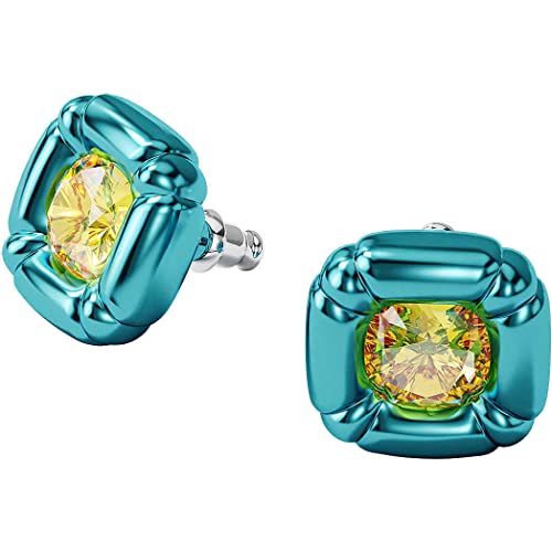 SWAROVSKI Dulcis Pierced Stud Earrings, Yellow Cushion-Cut Crystals on a Glossy Bright Blue Setting, Part of The Dulcis Collection