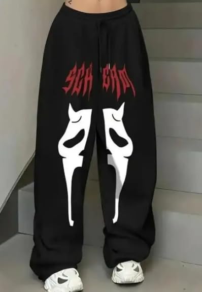EYCOG Oversized Graphic Scream Jogger Pants for Women | Gothic Streetwear Baggy Ghost Face Sweatpants | High Waisted Loose Fit Horror Black Print Track Pants with Pockets 3