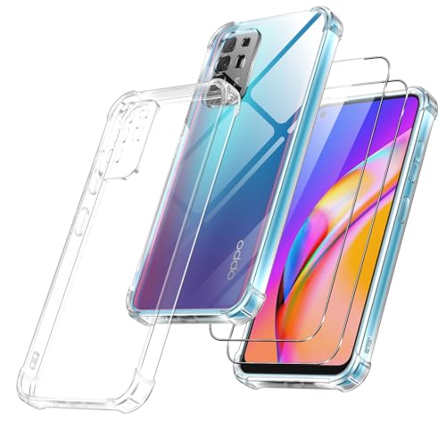 Vauki Cover per OPPO A94 5G Chiaro con 2 Pezzi Pellicola in Vetro Temperato, Custodia Antiurto Trasparente con Paraurti in TPU, Morbido Sottile Anti Ingiallimento Case per OPPO A94 5G