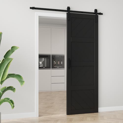 Image of 30 inchx84 inch Black Waved Barn Door with 6 FT Track Kit & Handle & Floor Guide