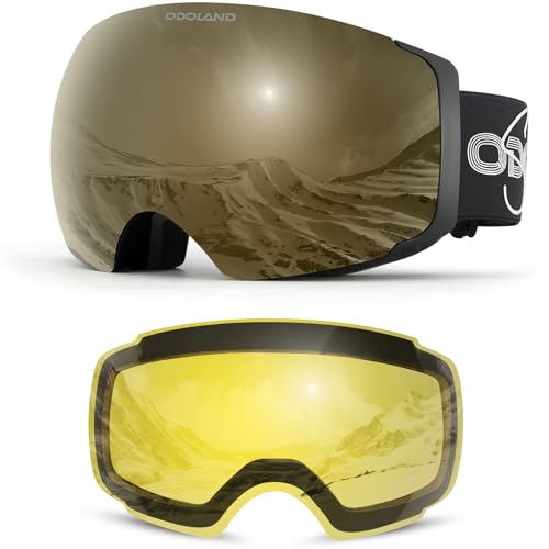 Odoland Magnetic Interchangeable Ski Goggles with 2 Lens, Large Spherical Frameless Snow Snowboard Goggles for Men Women Revo Bronze Lens Vlt 14%
