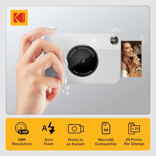 Image of KODAK Printomatic Full-Color Instant Print Digital Camera, Zink 2x3 inch (5.1x7.5 cm) Sticky-Back Photo Paper, 5MP, Portable, Creative Fun Gift for Birthday, Christmas, Holiday, Grey