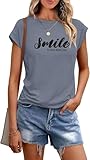 Teesho Damen Tshirt Sommer Bedruck Oberteile Kurzarm Shirts Casual Tops Tunika(blaugrau/L)