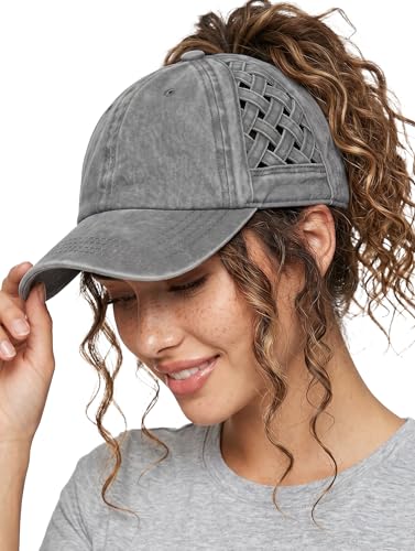 Funky Junque Criss Cross Ponytail Hat for Women, Adjustable Distressed Messy Bun Ball Cap with Elastic Bands - Basketweave - Grey