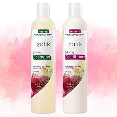 Zatik Naturals - Juego de champú calmante + acondicionador, con jazmín y cereza silvestre para la caspa, vegano biodegradable, pH equilibrado, libre